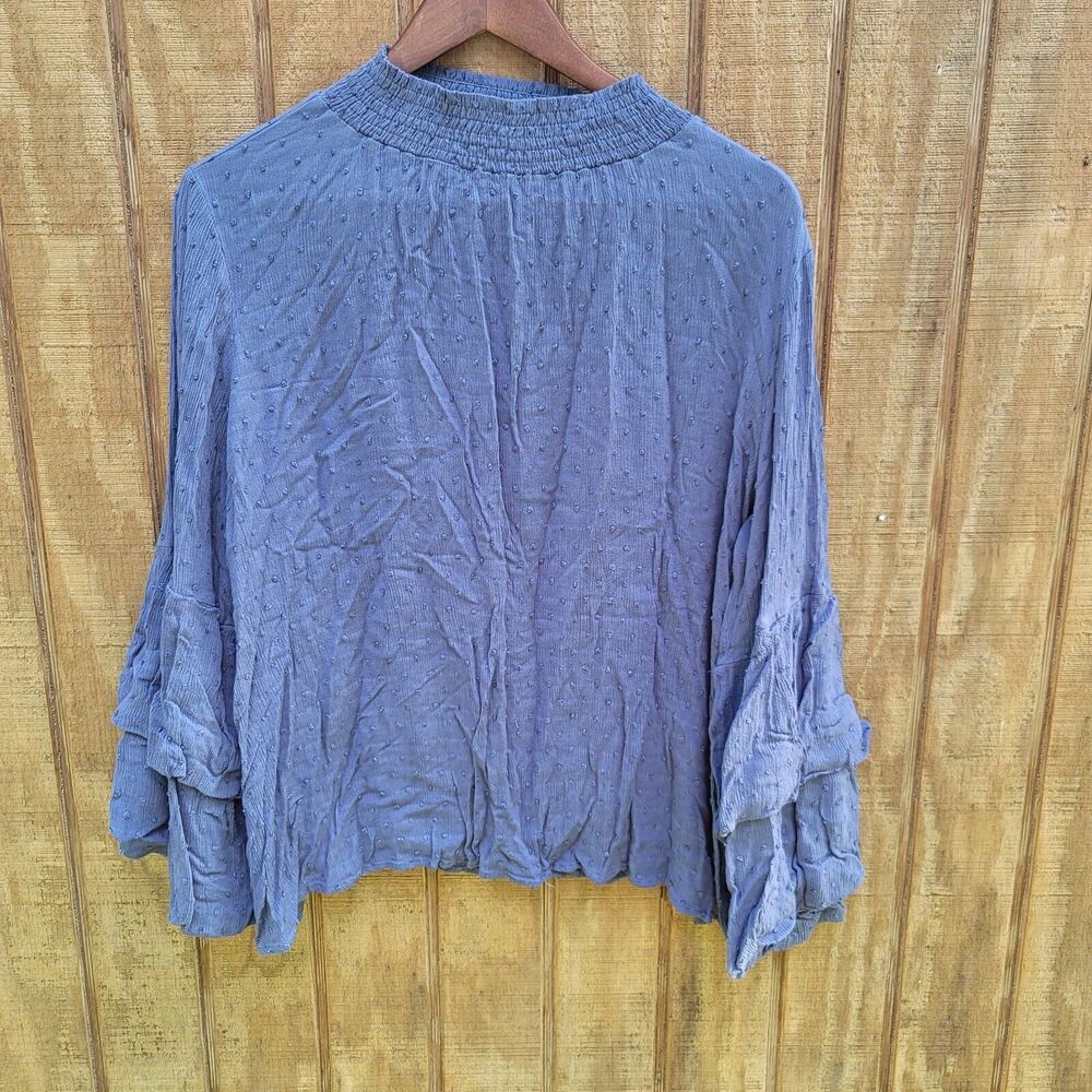 Easel Blue Swiss Dot Balloon Sleeve Blouse Womens Size M